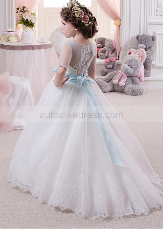 Elbow Sleeves Two-tone Ivory Blue Lace Tulle Beaded Flower Girl Dress